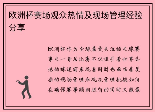 欧洲杯赛场观众热情及现场管理经验分享